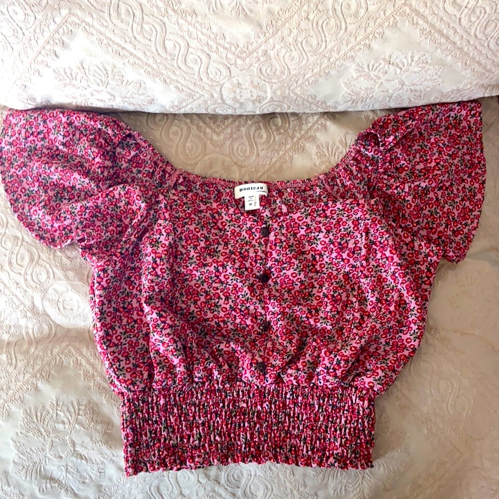 Monteau | Red & Pink Floral Cropped Top | Sz M